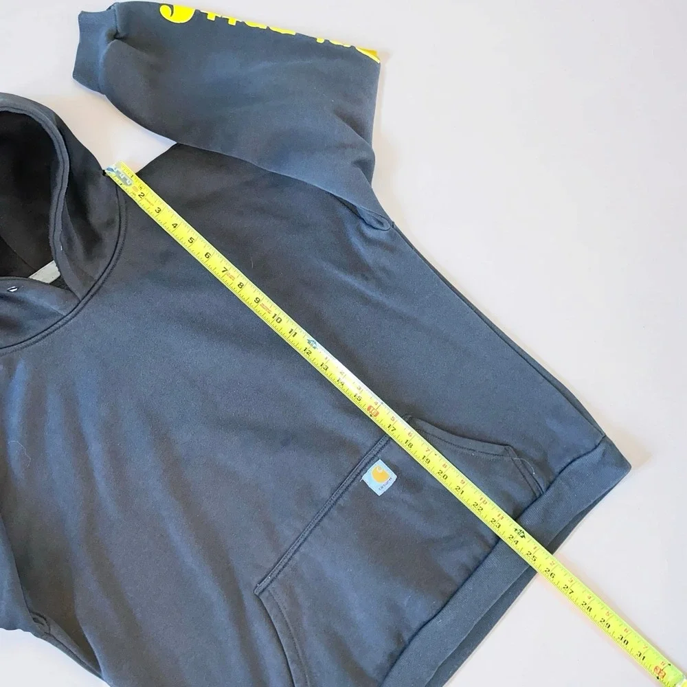 Carhartt WIP Mens L Gray Pullover Hoodie Yellow Sleeve Logo Workwear Hoodie